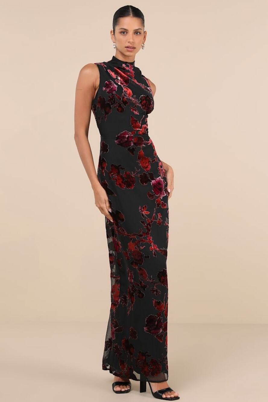Lulu's Composed Glamour Red and Black Burnout Velvet Maxi Dress Size XL NWT